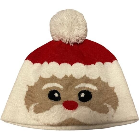 Santa Face Knit Beanie Winter Hat With Pom Pom Design For Toddlers Size 2-4 - Picture 1 of 6